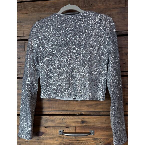 Good American Women's Medium Silver Cluster Sequin Cropped Cardigan Jacket - Picture 5 of 11